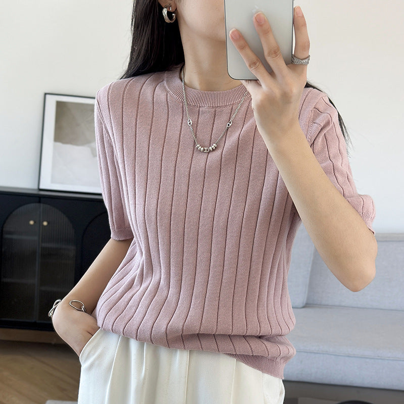 Round Neck Cotton Knitted Short Sleeve Vertical Stripe Elegant Top