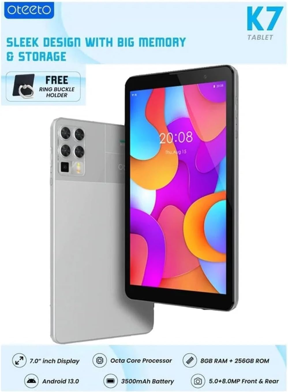 K7 7.0 Inch Android Tablet, 8 GB RAM, 256 GB ROM, 3500 mAh Battery, Octa Core Processor, Android 13.0, 5.0 MP Front Camera - (Gray)
