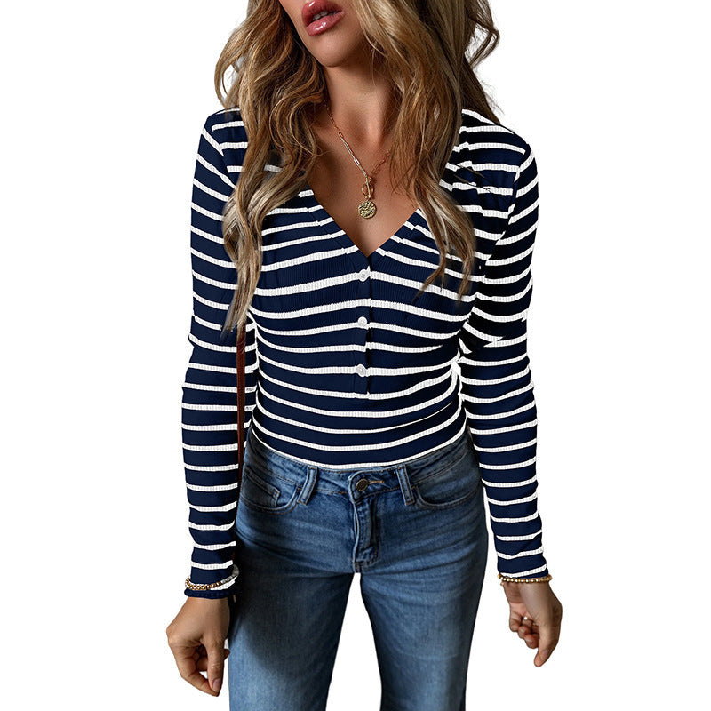 Women's Polyester Striped Long-sleeved Top