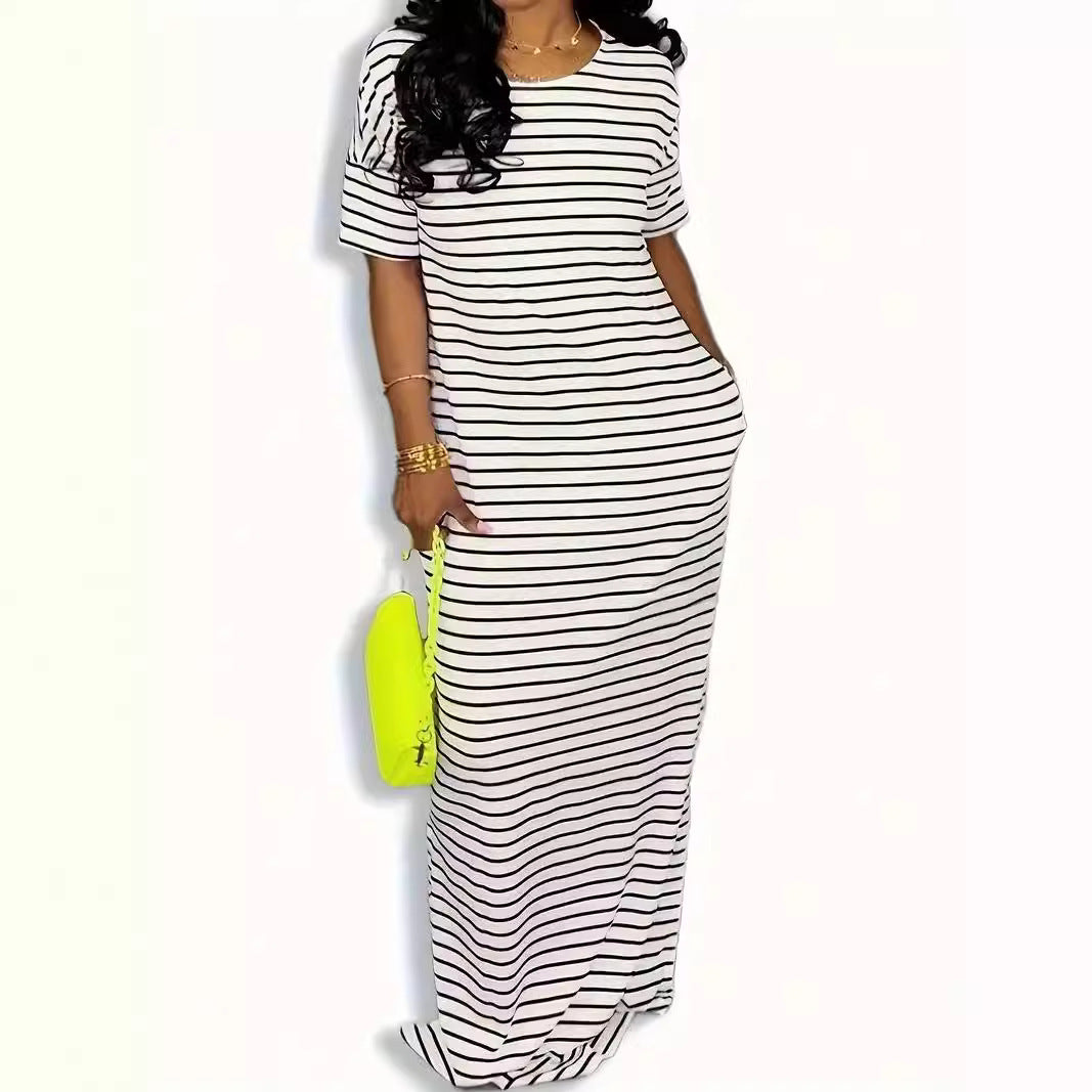 Women's Short Sleeve And Long Pattern Striped Dress
