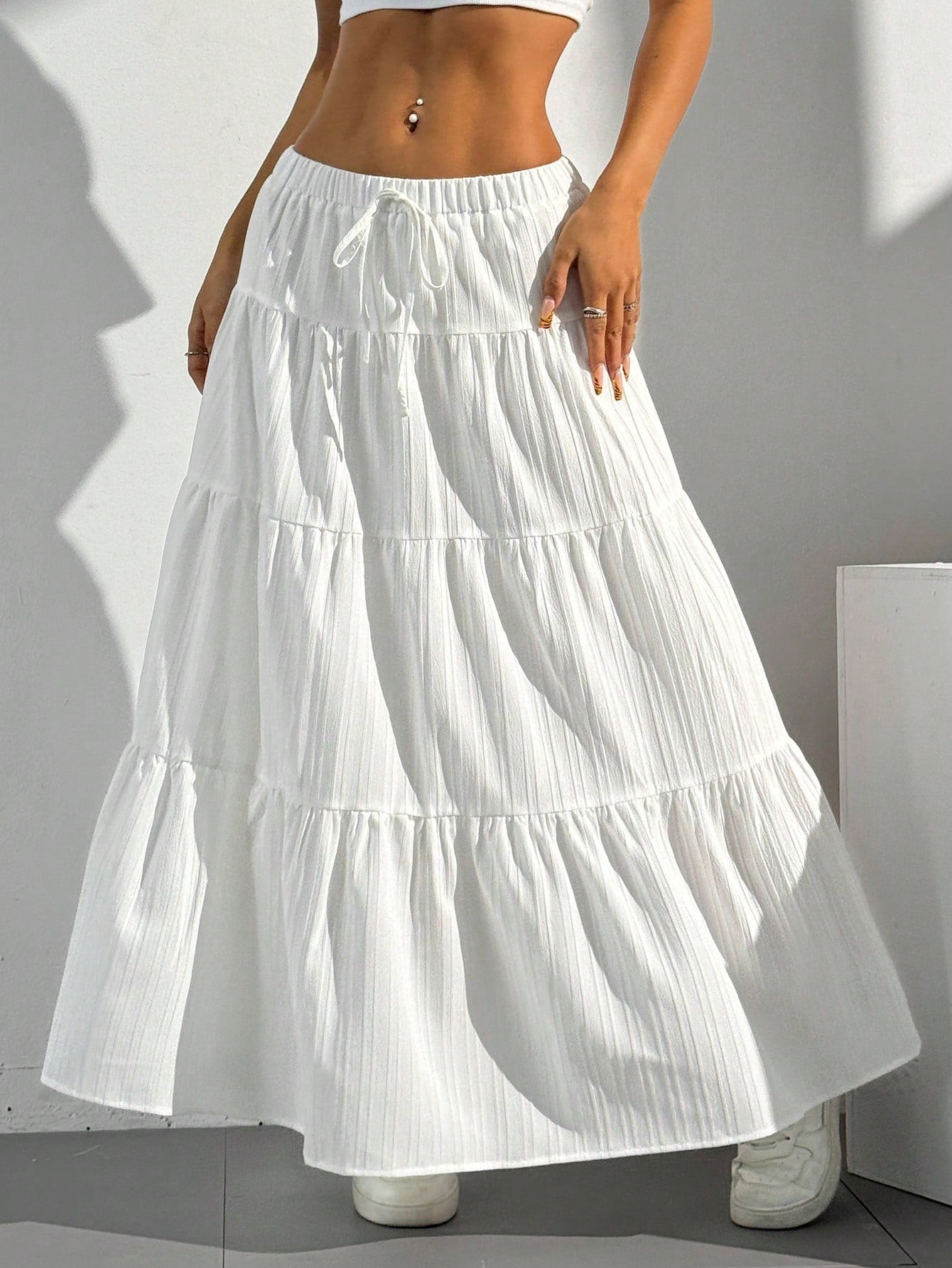 White Skirt Lace-up Large Swing Skirt Loose Long Dress - souqmart