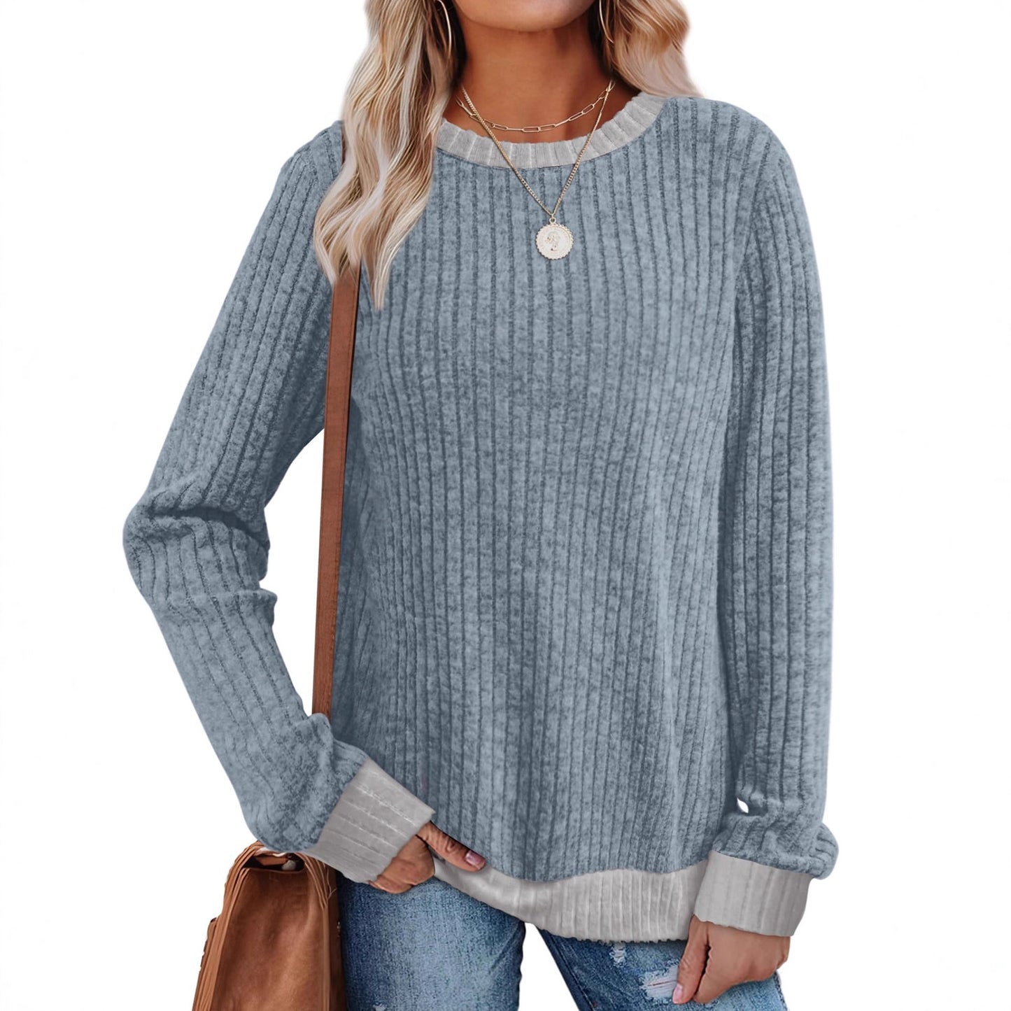 Color Matching Casual Round Neck Pullover Long Sleeve Top