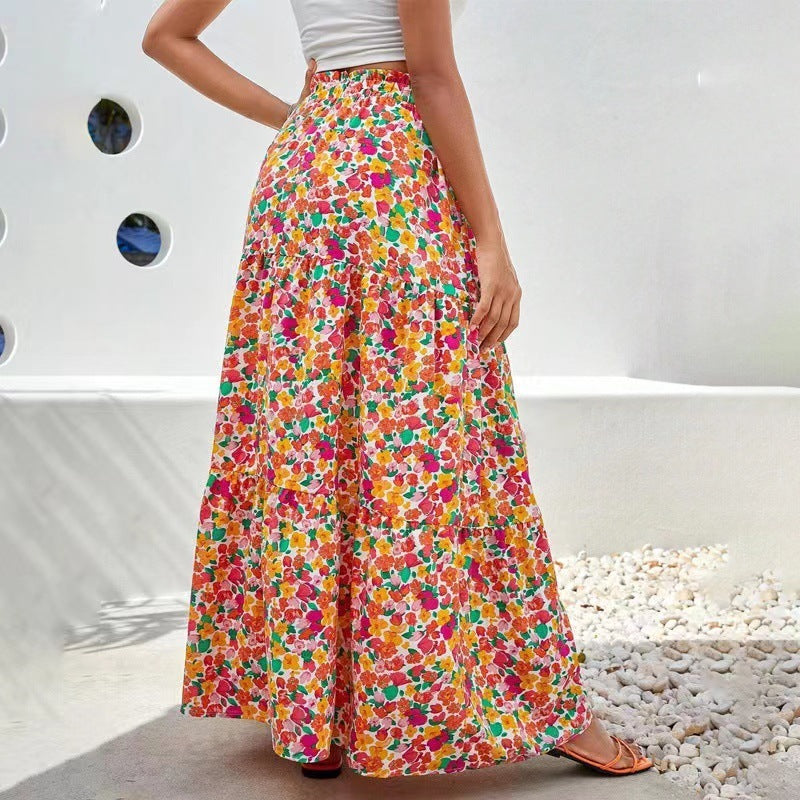 Flower Print Elastic Waist Skirt - souqmart