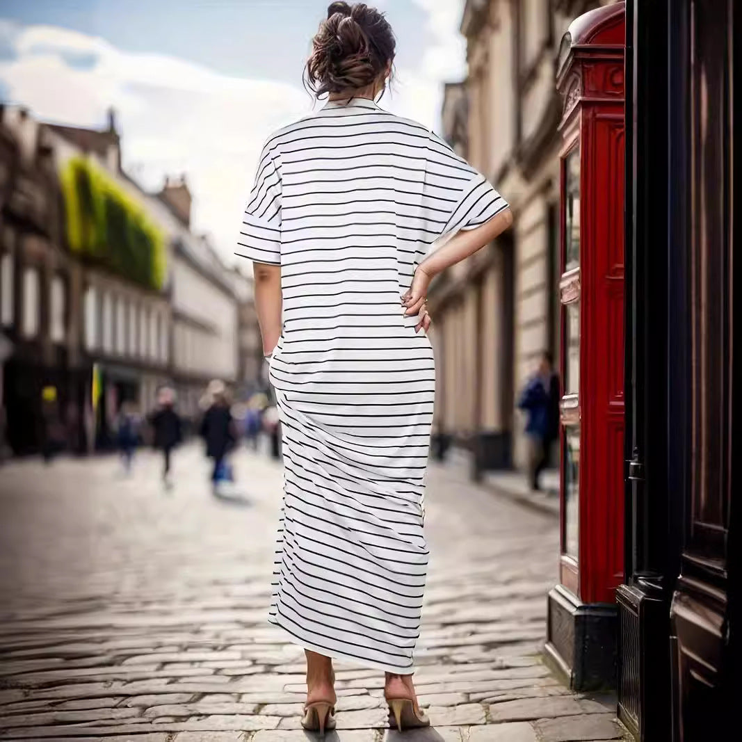 Women's Short Sleeve And Long Pattern Striped Dress