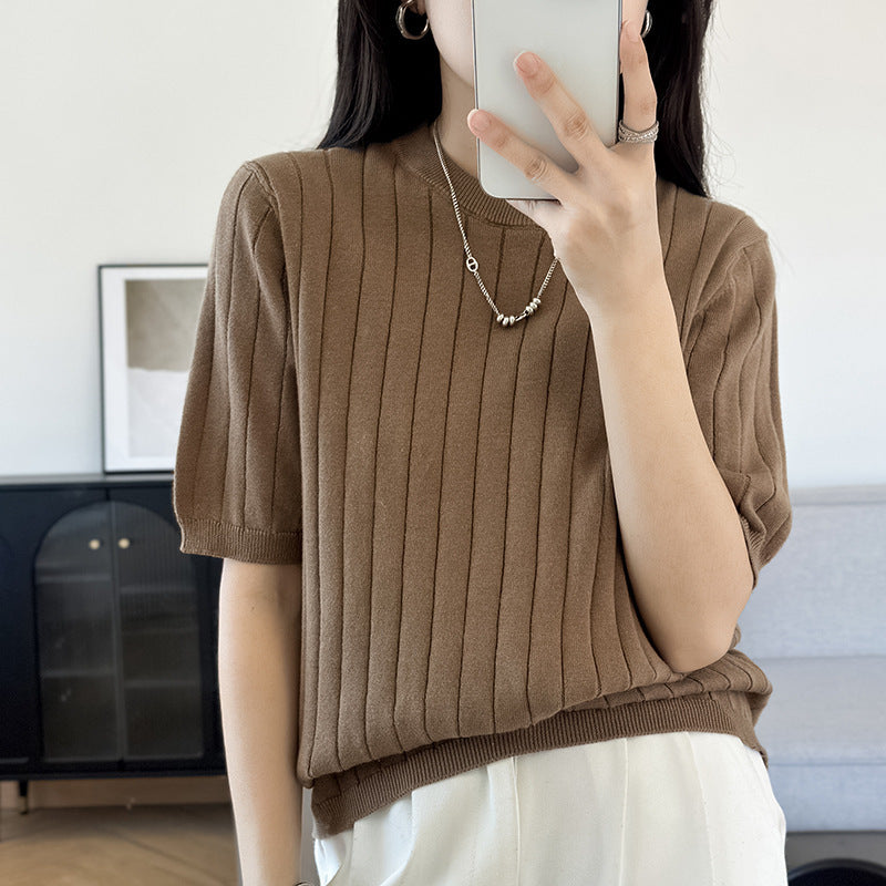 Round Neck Cotton Knitted Short Sleeve Vertical Stripe Elegant Top