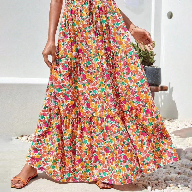 Flower Print Elastic Waist Skirt - souqmart