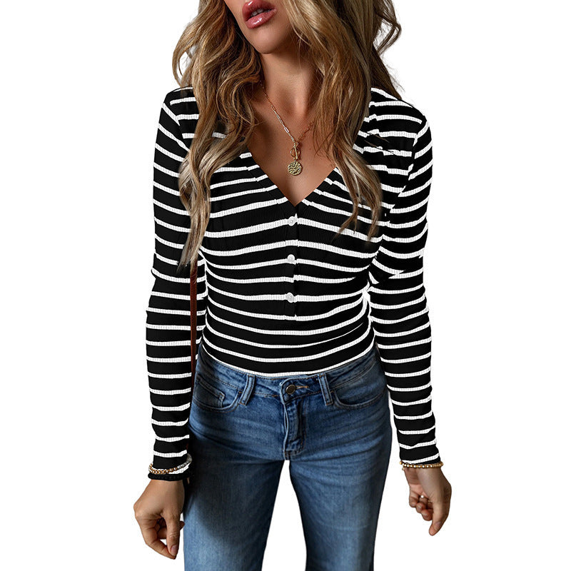 Women's Polyester Striped Long-sleeved Top