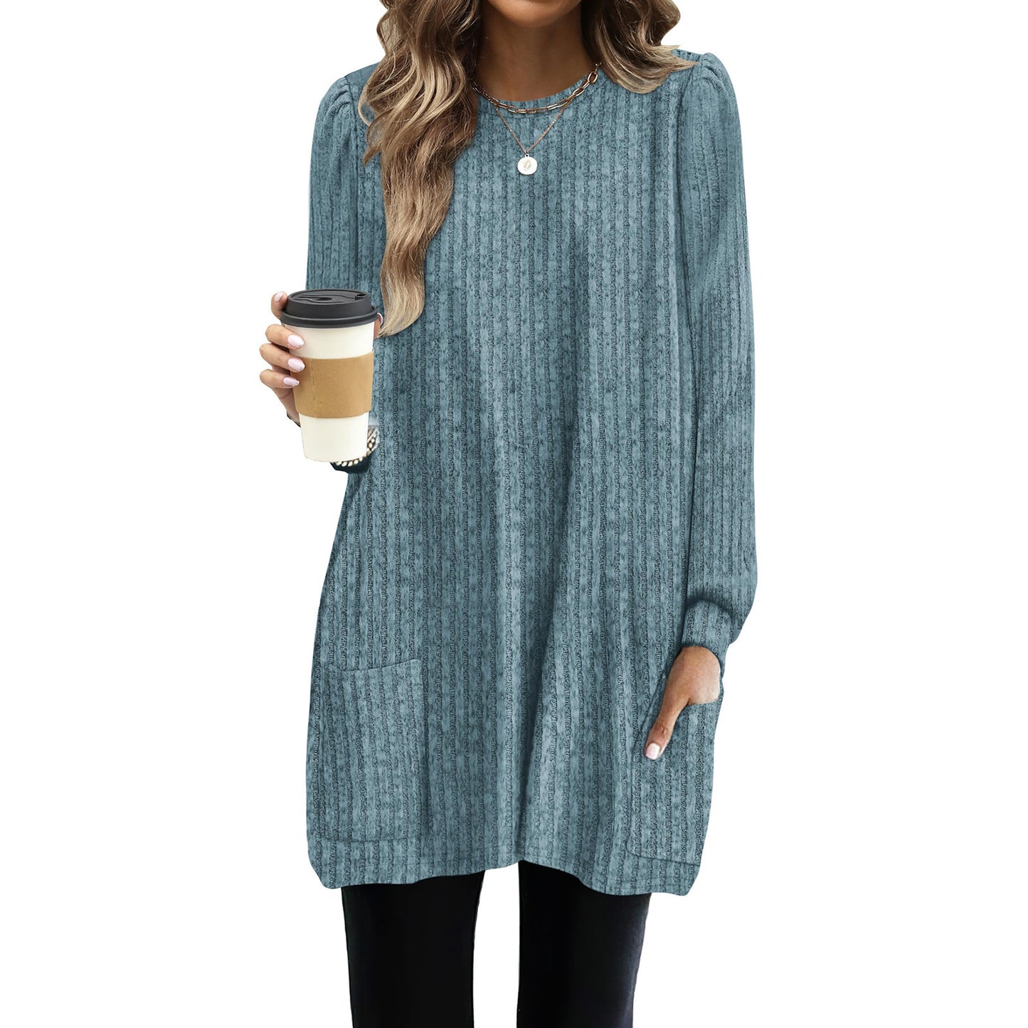 Pocket Lengthened Loose Casual Bubble Long-sleeved Shirt