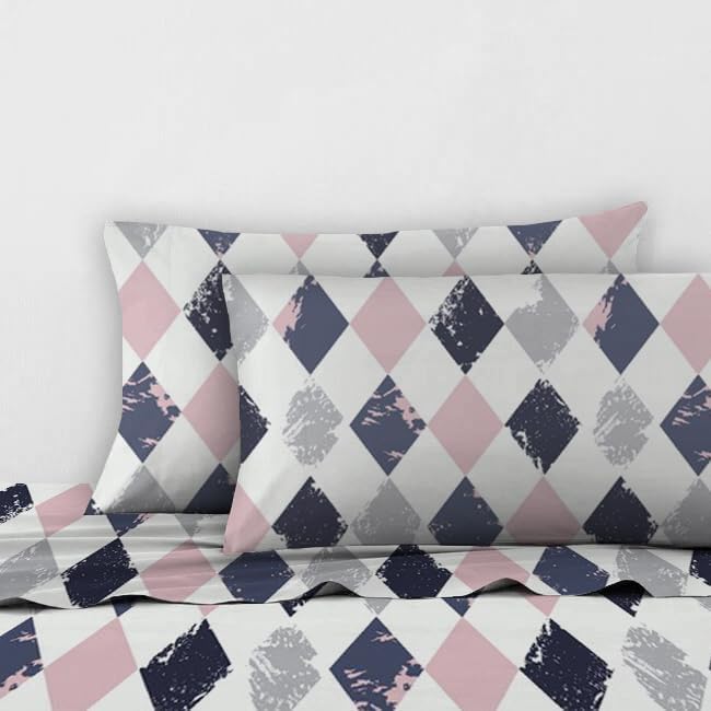 Sleep Well 90 GSM Bedsheet with Pillow Case (Blue & Pink Diamond Design, Single)