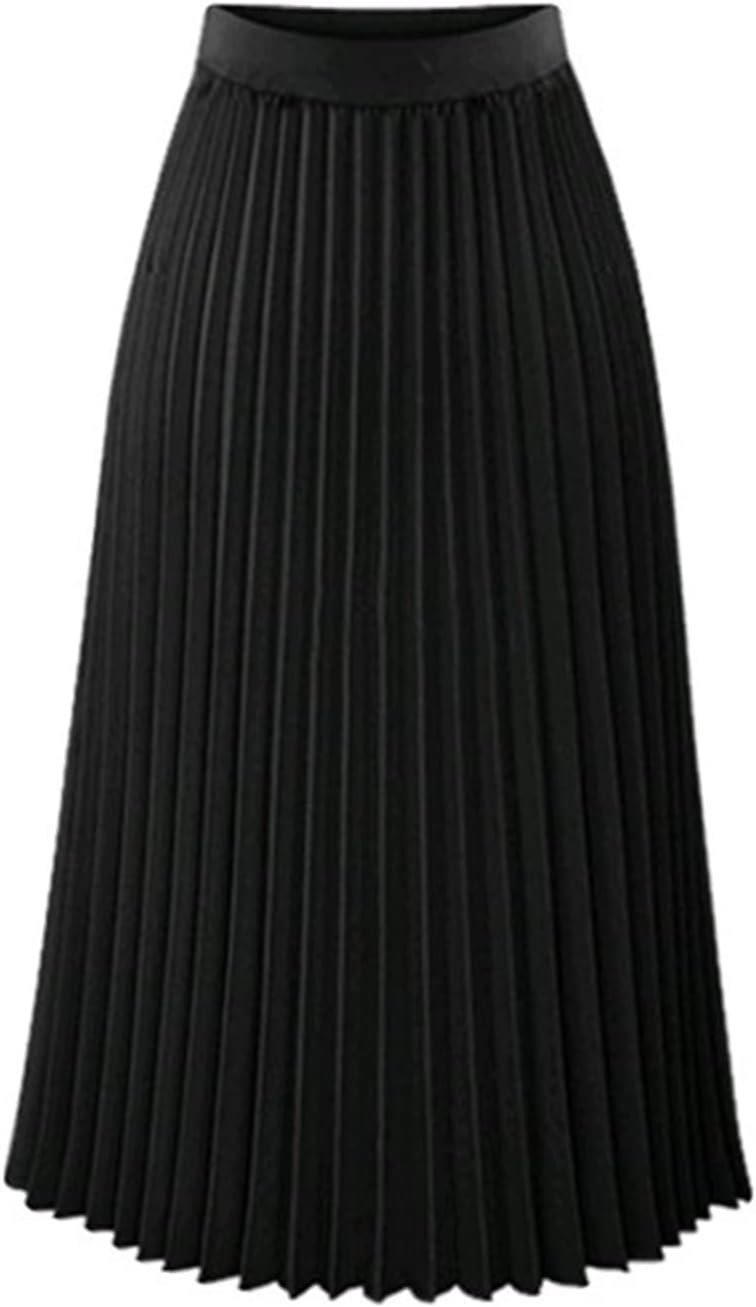 INGVY Long Skirt Pleated Skirt Womens Summer High Waist Pleated Tutu Elegant Chiffon Skirt Femme Black White Ladies Midi Skirt