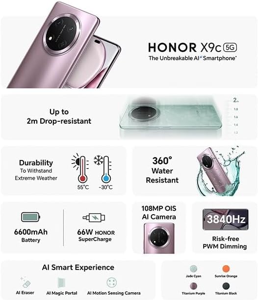 HONOR X9c 5G Dual SIM (12GB RAM, 256GB Storage) | 108MP Triple Camera | 6.78" AMOLED 120Hz Display | 6600mAh Battery | Android 14 (Titanium Black)