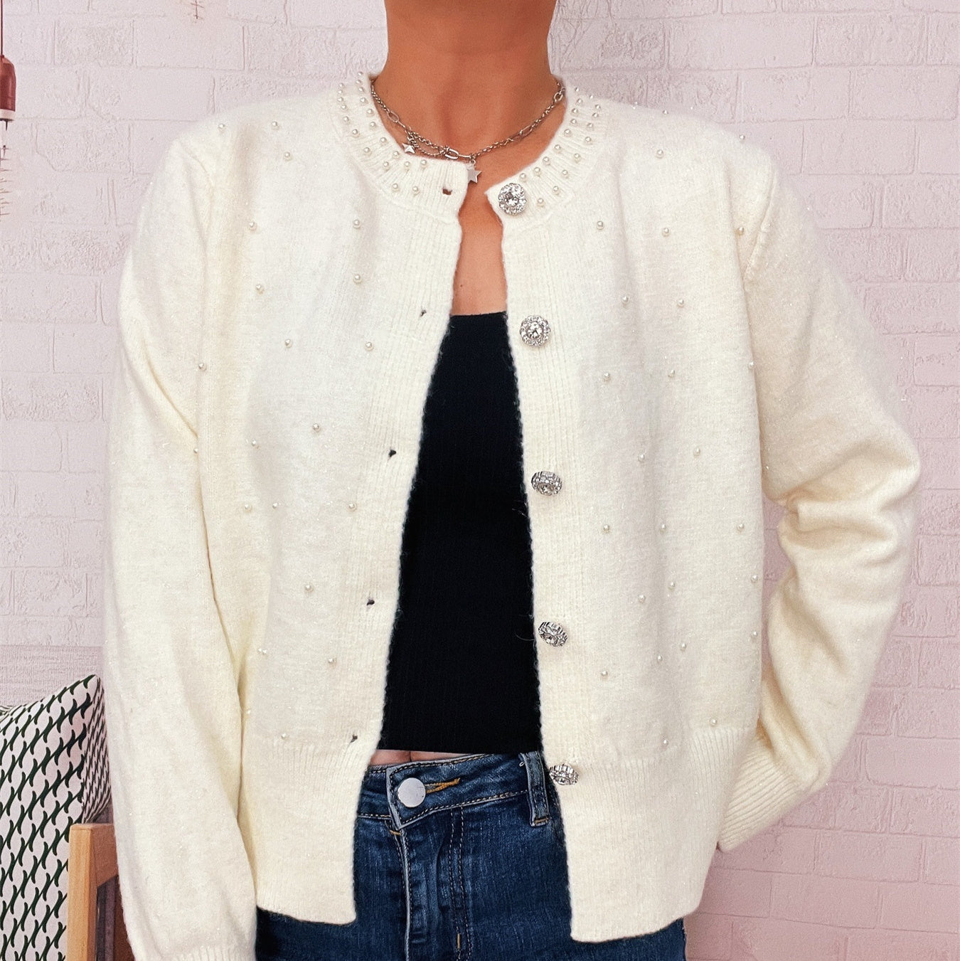 Vintage Pearl Collar Button Elegant Knitted Cardigan Single-breasted Sweater Women