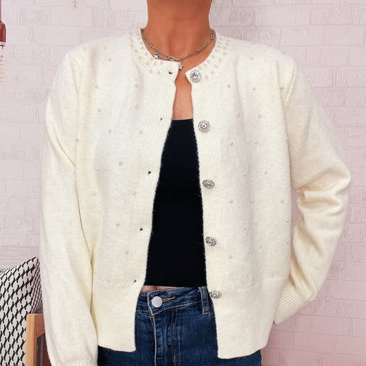 Vintage Pearl Collar Button Elegant Knitted Cardigan Single-breasted Sweater Women