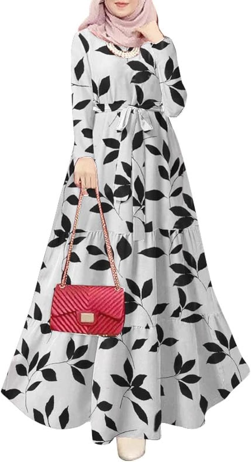 Fililogor Women's Dress with Hood Hijab Muslim Prayer Dress for Women Abaya Dress Islamic Long Sleeve Dress with Leaves Pattern Full Veil Dress