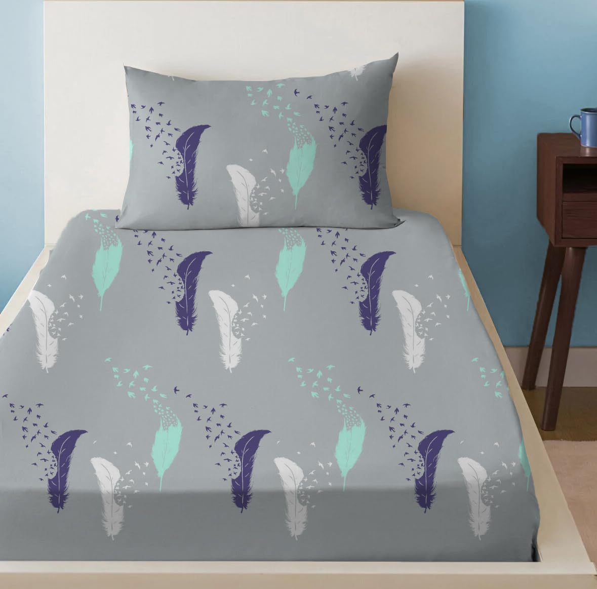 Sleep Well 90 GSM Bedsheet with Pillow Case (Blue & Pink Diamond Design, Single)