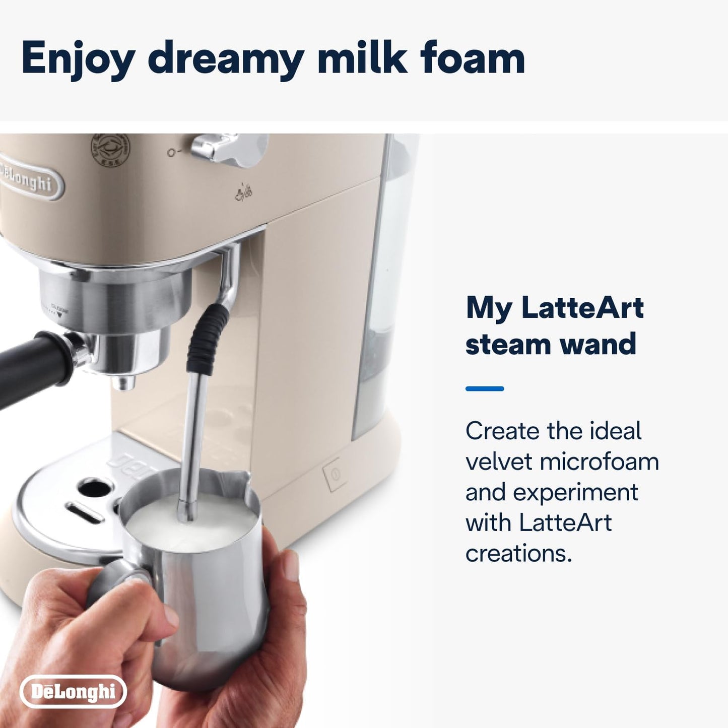 De'Longhi Dedica Arte Espresso Machine - MyLatteArt Milk Foam Nozzle, 15 BAR Pressure, Steel Tamper Included, Beige Gold - Create Perfect Espresso, Cappuccinos, and Latte Art at Home - EC885.BG