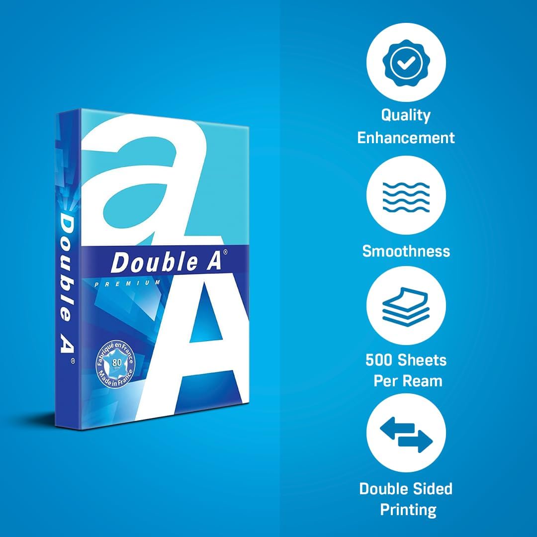 Double A A4 Printer Copy Paper | 80 GSM 500 Sheets per Ream | Pack of 5 Reams | Multipurpose Paper for Printers Copiers Fax Machine