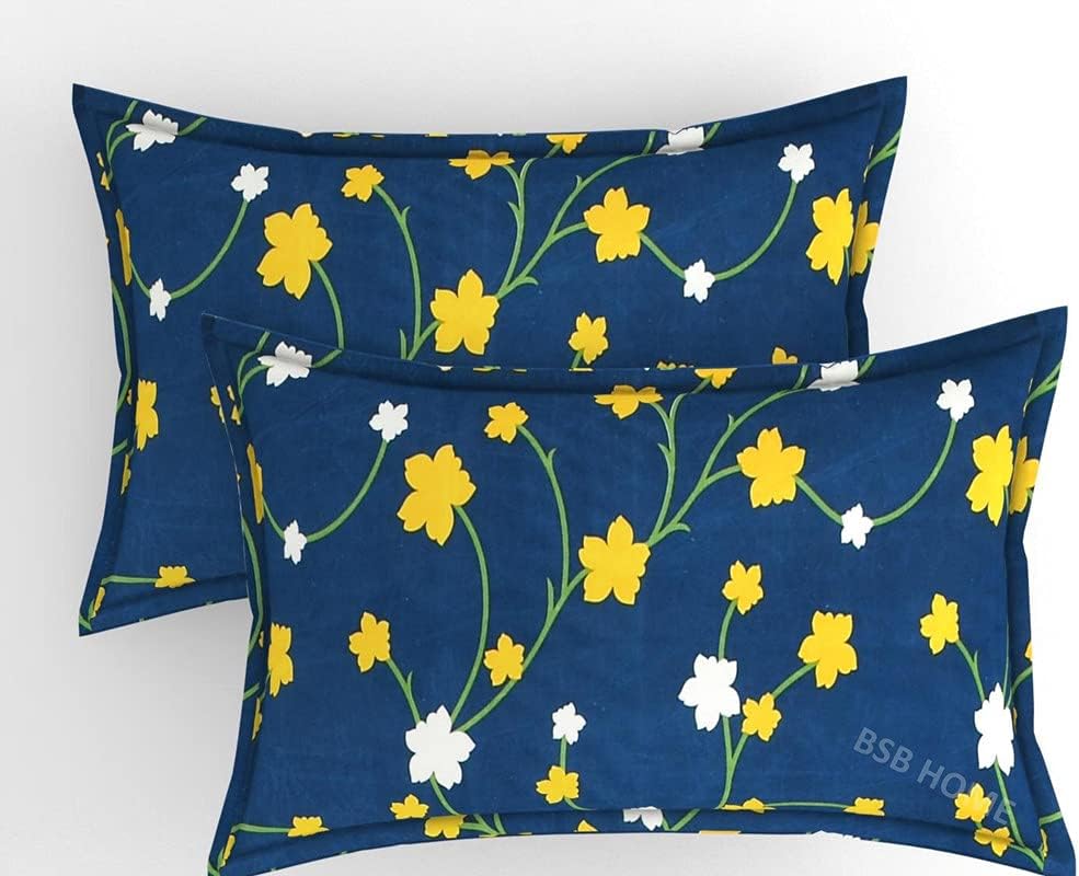 BSB HOME Premium Single Bedsheet with 1 Pillow Covers - 160 TC Supersoft Microfiber - Breathable & Wrinkle Free - 2 Pcs Set | Dark Blue and Yellow Leaf