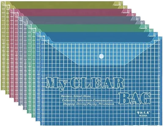 MOMENT 12 Pack Plastic Envelopes,A4 Size File Folder with Button Snap Closure for Documents, Reusable Clear file folders Plastic File Bag Poly Filling Envelopes, A4 Size (Assorted-New)