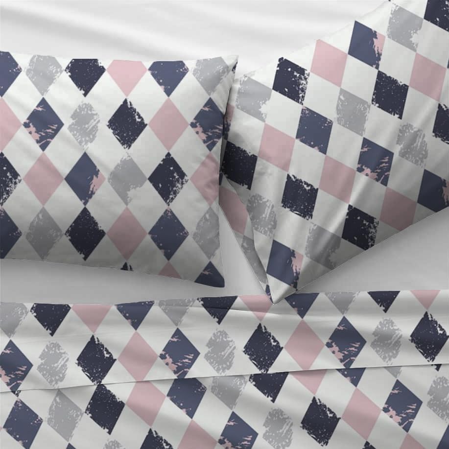 Sleep Well 90 GSM Bedsheet with Pillow Case (Blue & Pink Diamond Design, Single)