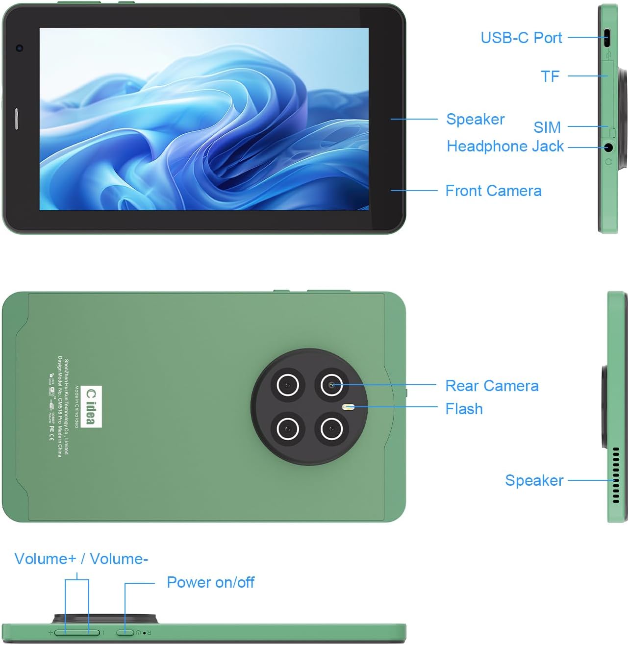 C idea 7 Inch Tablet,Android 13 Tablet,Quad Core Processor,8GB RAM 512GB ROM,512GB Expand,Dual Camera,Tablet with SIM, WiFi,Bluetooth,Case,StylusCM518 Pro (Green)