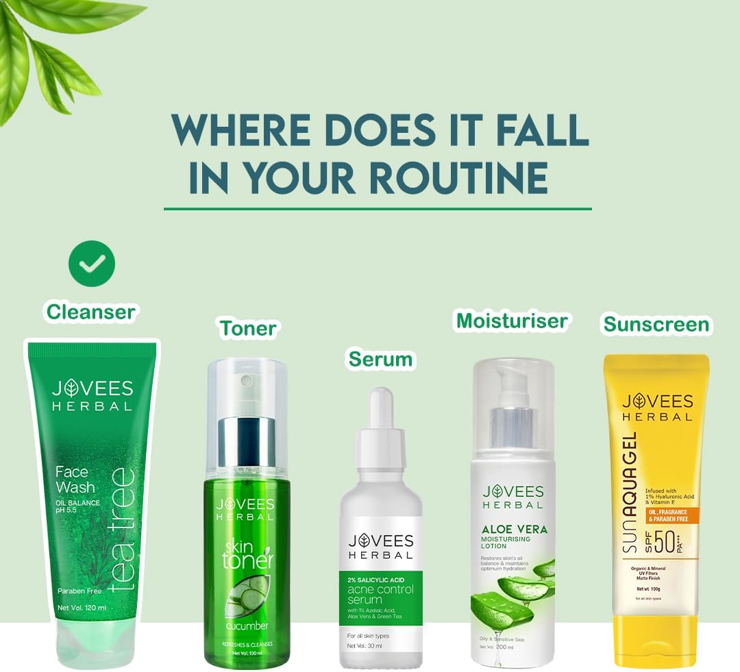 Jovees Herbal Tea Tree Oil Control Face Wash | For Women/Men | For Oily & Acne Prone Skin | With Vitamin E & Tea Tree Oil | Prevents Pimple & Acne Breakout 120 ML