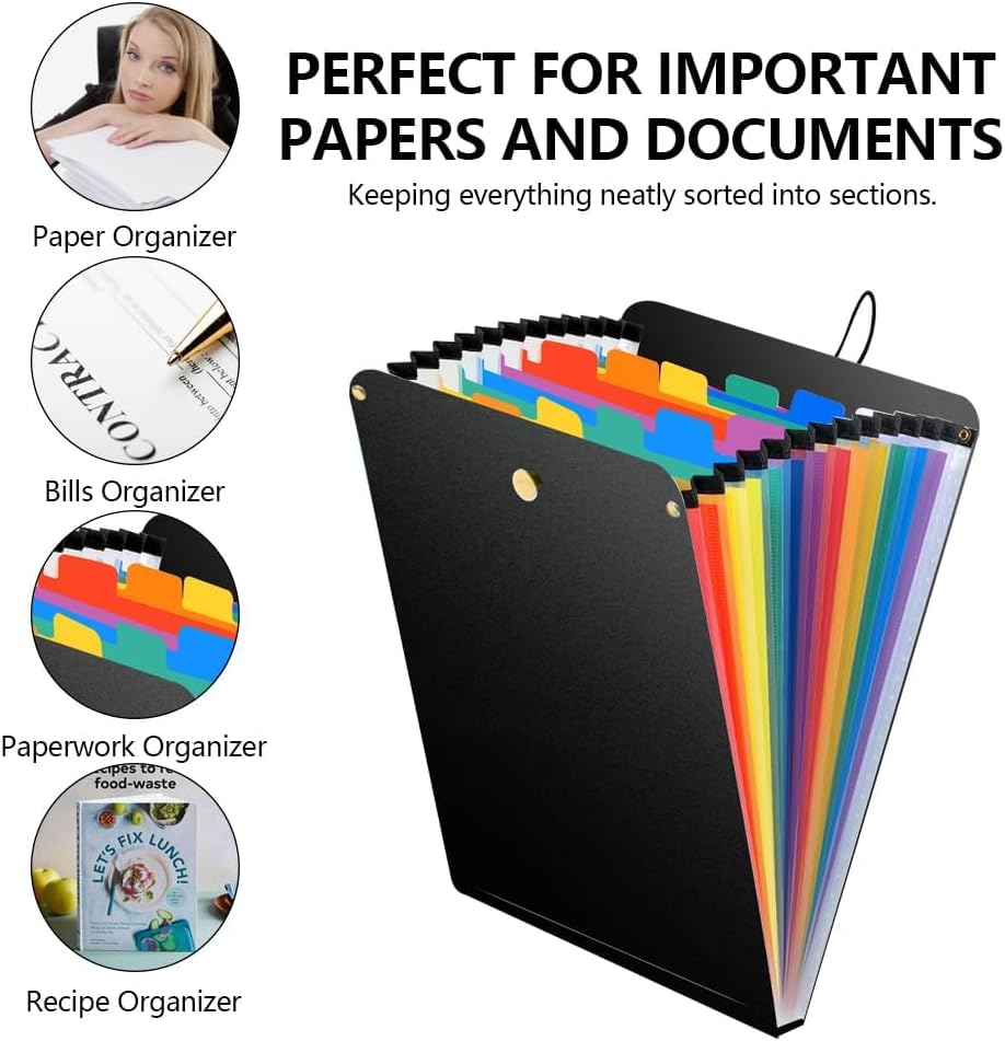 A4 Expanding File Organiser, 26 Pockets Expandable Filling Boxes Documents Organiser, Concertina File Expanding for Filing Folder, Portable Rainbow Files Wallets Plastic Bills Storage Bag (Pink)