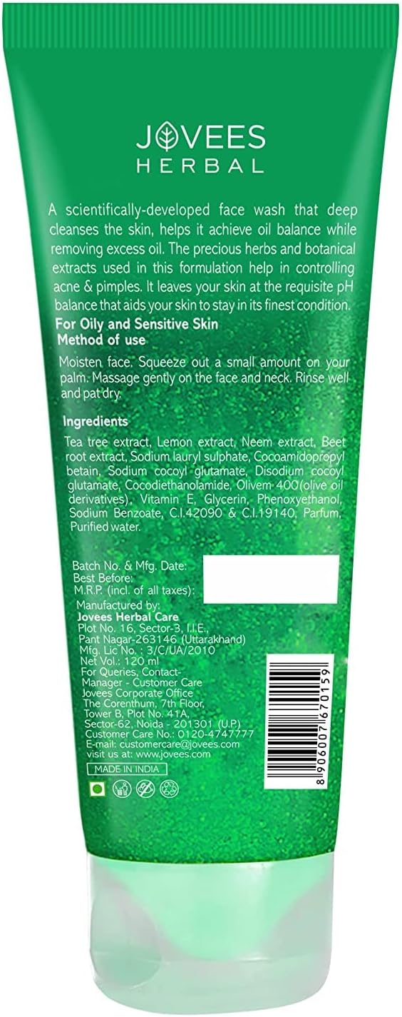 Jovees Herbal Tea Tree Oil Control Face Wash | For Women/Men | For Oily & Acne Prone Skin | With Vitamin E & Tea Tree Oil | Prevents Pimple & Acne Breakout 120 ML