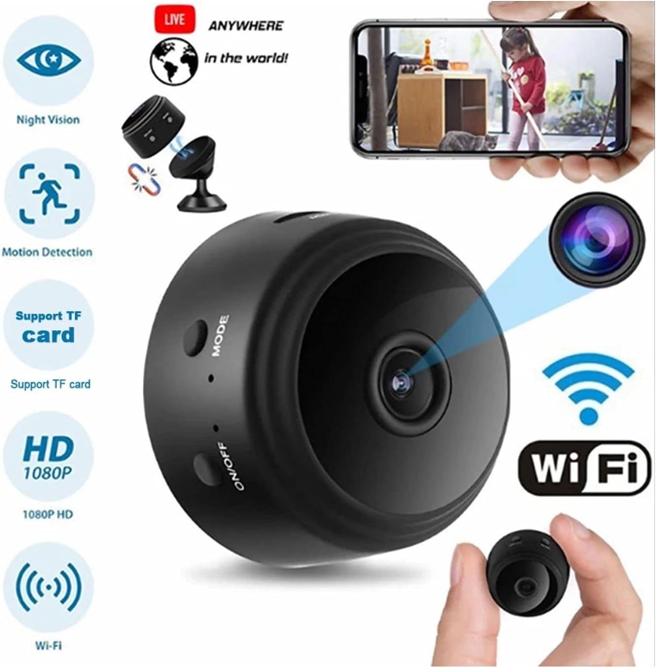 Eazyliv WiFi Mini Magnetic A9 Wireless Spy Hidden HD 1080P Small Portable Round Camera, Indoor Security Camera, Motion Detection, Instant Notifications Night Vision Camera (Camera & 64GB Card)