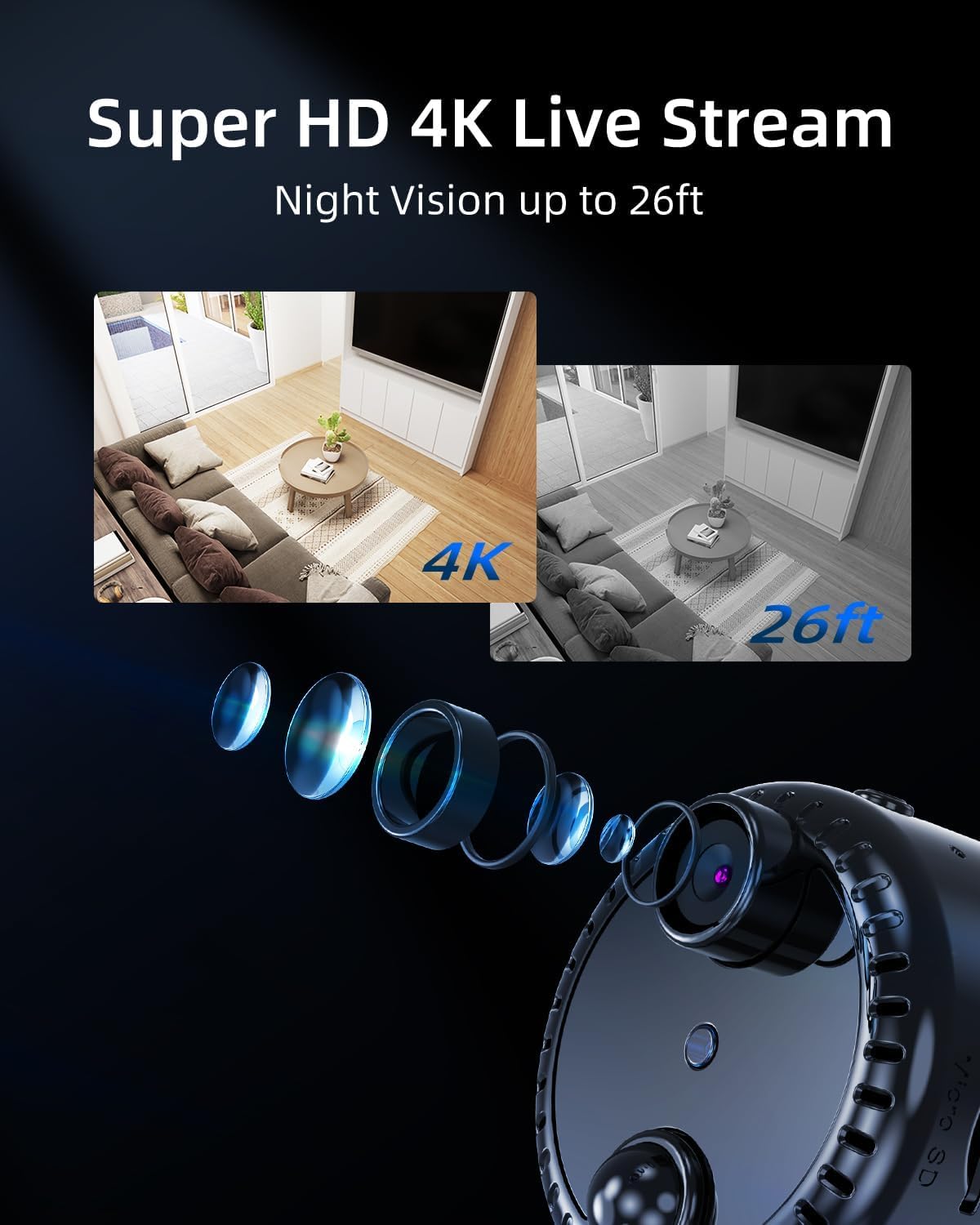 Excefore Mini Surveillance Camera, 4K Live Transmission Mobile Phone WiFi Small Wireless Video Surveillance, Easy Install with Magnetic Base, with Recording App Control & Night Vision