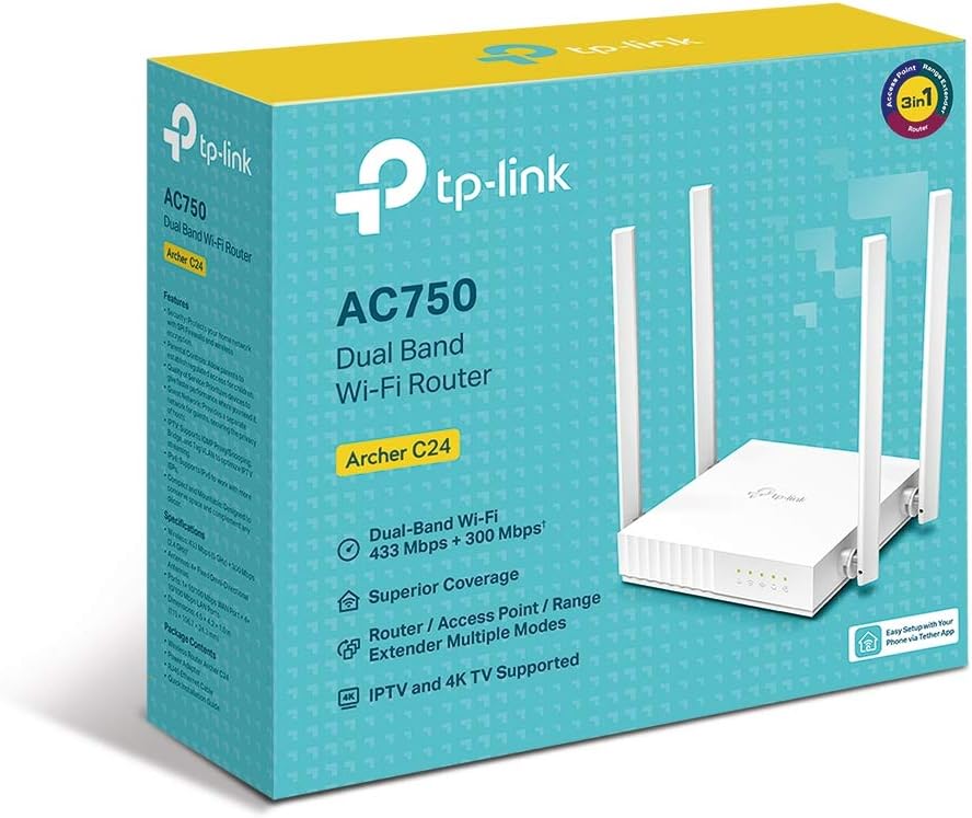 TP Link AC750 WiFi Router Archer C24 Dual Band Wireless Internet Router, 4 External Antennas Multi Mode 3 in 1 Parental Controls, White