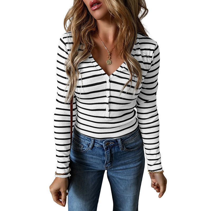 Women's Polyester Striped Long-sleeved Top