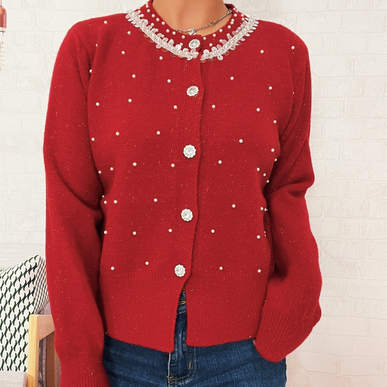 Vintage Pearl Collar Button Elegant Knitted Cardigan Single-breasted Sweater Women