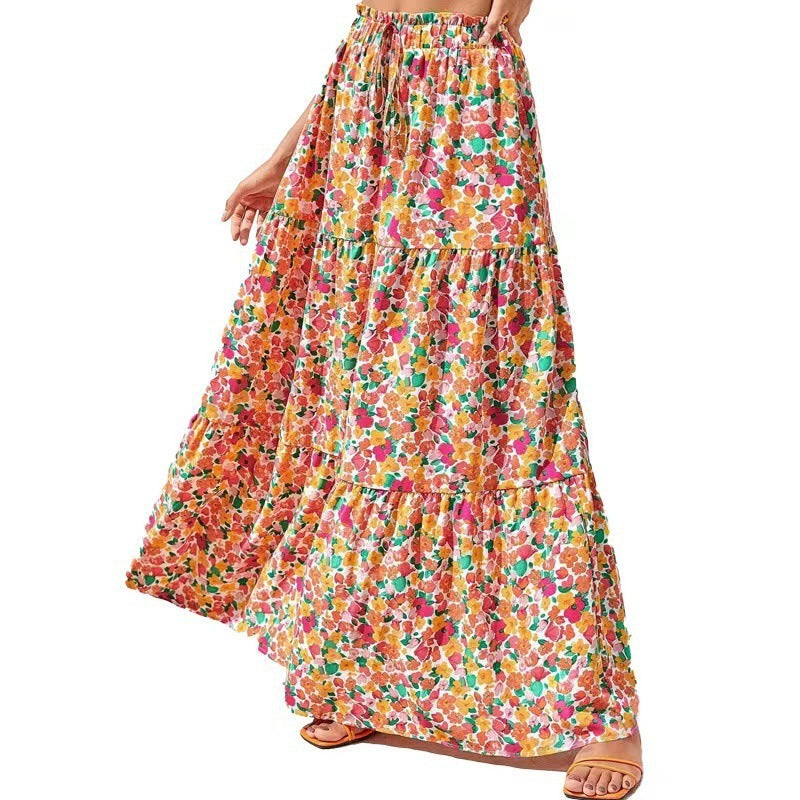 Flower Print Elastic Waist Skirt - souqmart