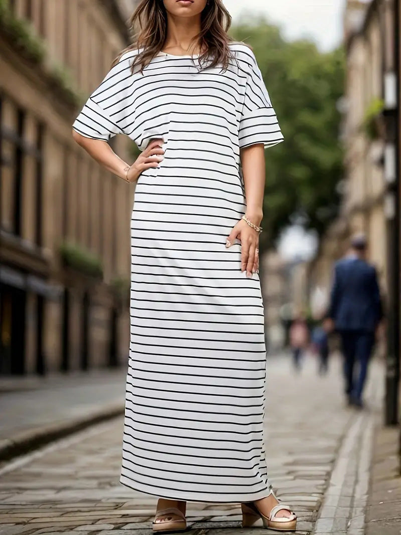 Women's Short Sleeve And Long Pattern Striped Dress