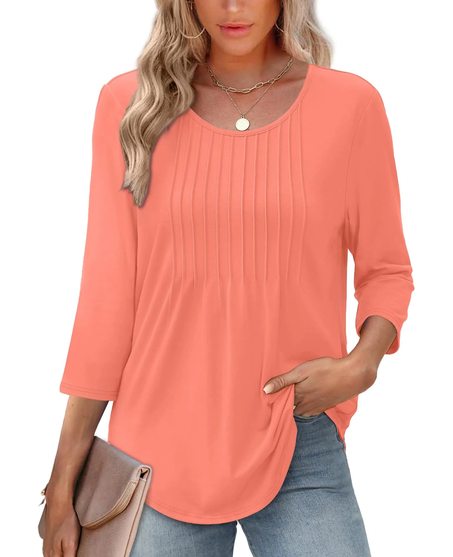 Women's Long Sleeve Top Fashion Casual Pleated Low Round Neck - souqmart