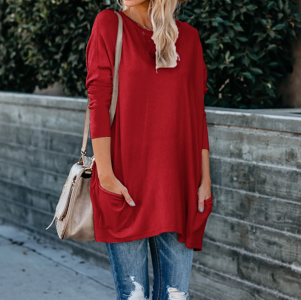 Round Neck Long Sleeve Pocket T-shirt Top