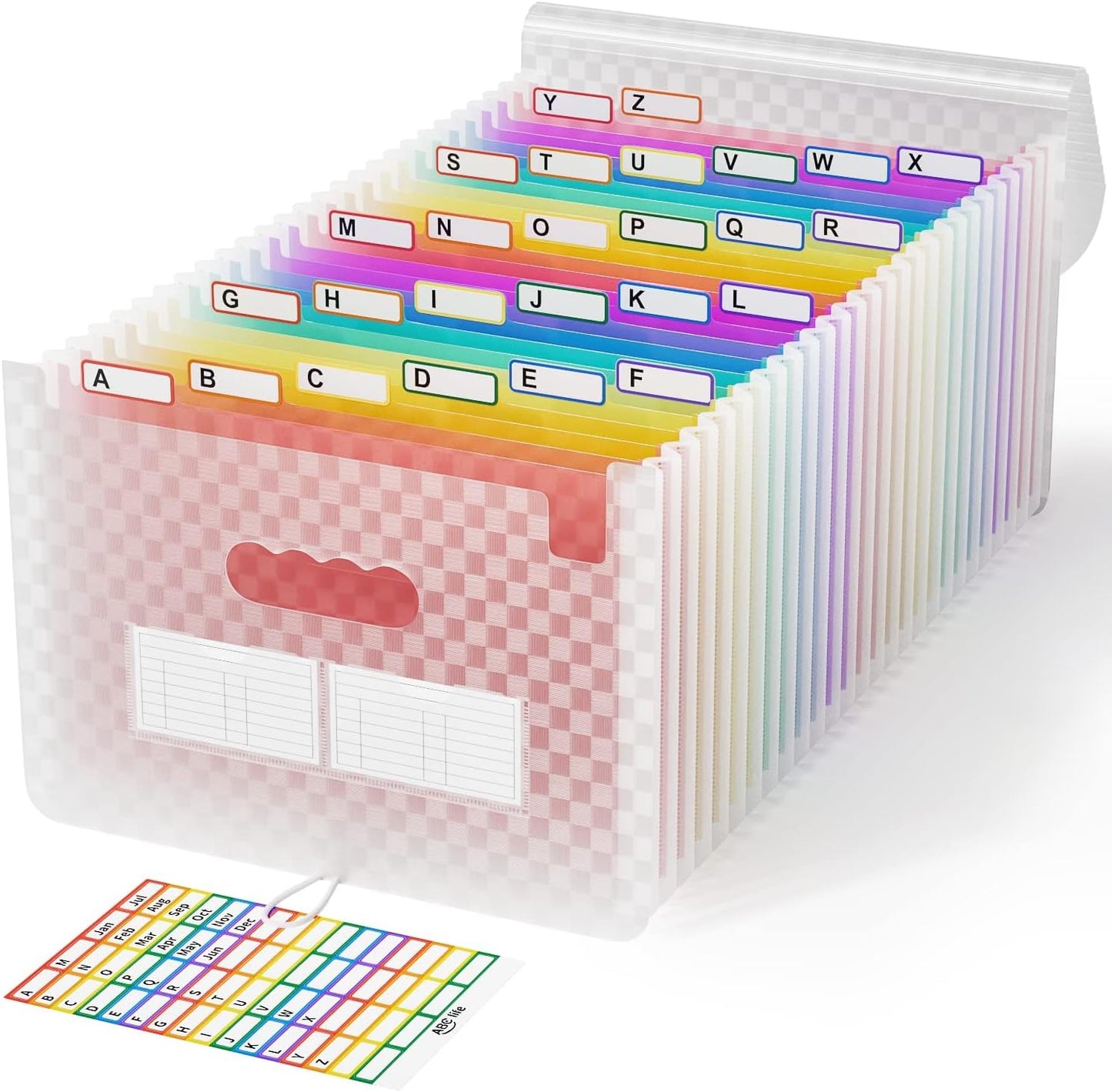 A4 Expanding File Organiser, 26 Pockets Expandable Filling Boxes Documents Organiser, Concertina File Expanding for Filing Folder, Portable Rainbow Files Wallets Plastic Bills Storage Bag (Pink)