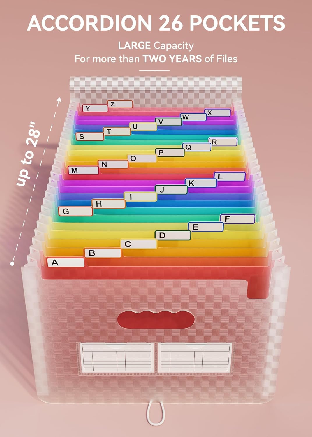 A4 Expanding File Organiser, 26 Pockets Expandable Filling Boxes Documents Organiser, Concertina File Expanding for Filing Folder, Portable Rainbow Files Wallets Plastic Bills Storage Bag (Pink)