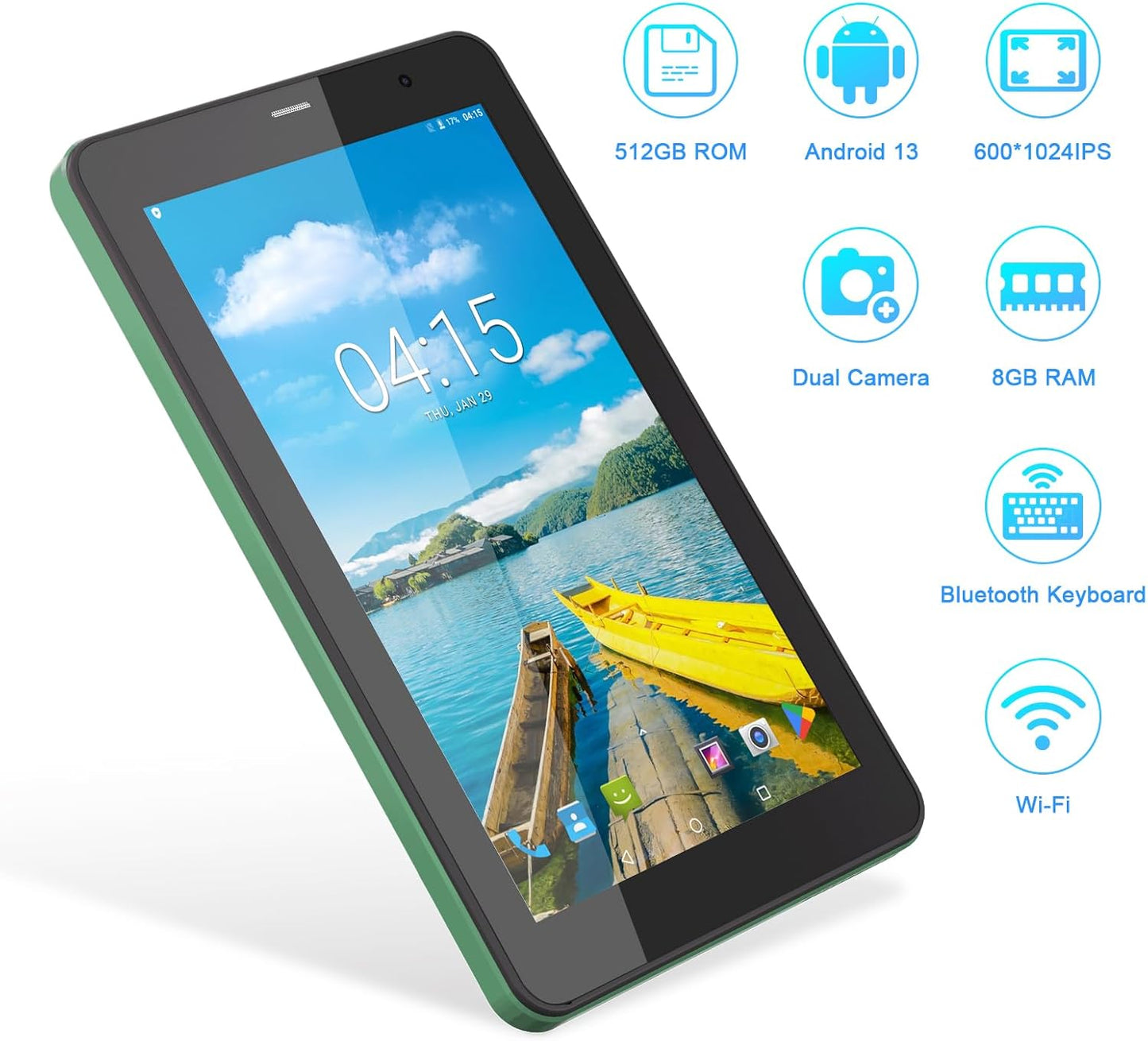 C idea 7 Inch Tablet,Android 13 Tablet,Quad Core Processor,8GB RAM 512GB ROM,512GB Expand,Dual Camera,Tablet with SIM, WiFi,Bluetooth,Case,StylusCM518 Pro (Green)