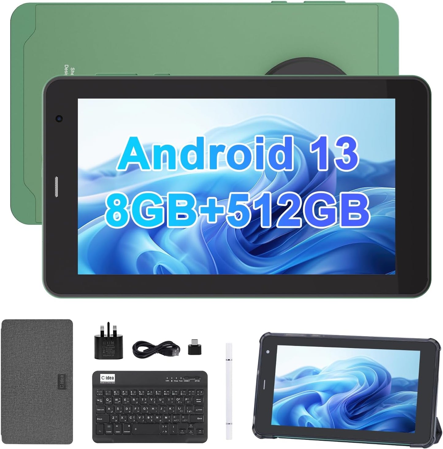 C idea 7 Inch Tablet,Android 13 Tablet,Quad Core Processor,8GB RAM 512GB ROM,512GB Expand,Dual Camera,Tablet with SIM, WiFi,Bluetooth,Case,StylusCM518 Pro (Green)