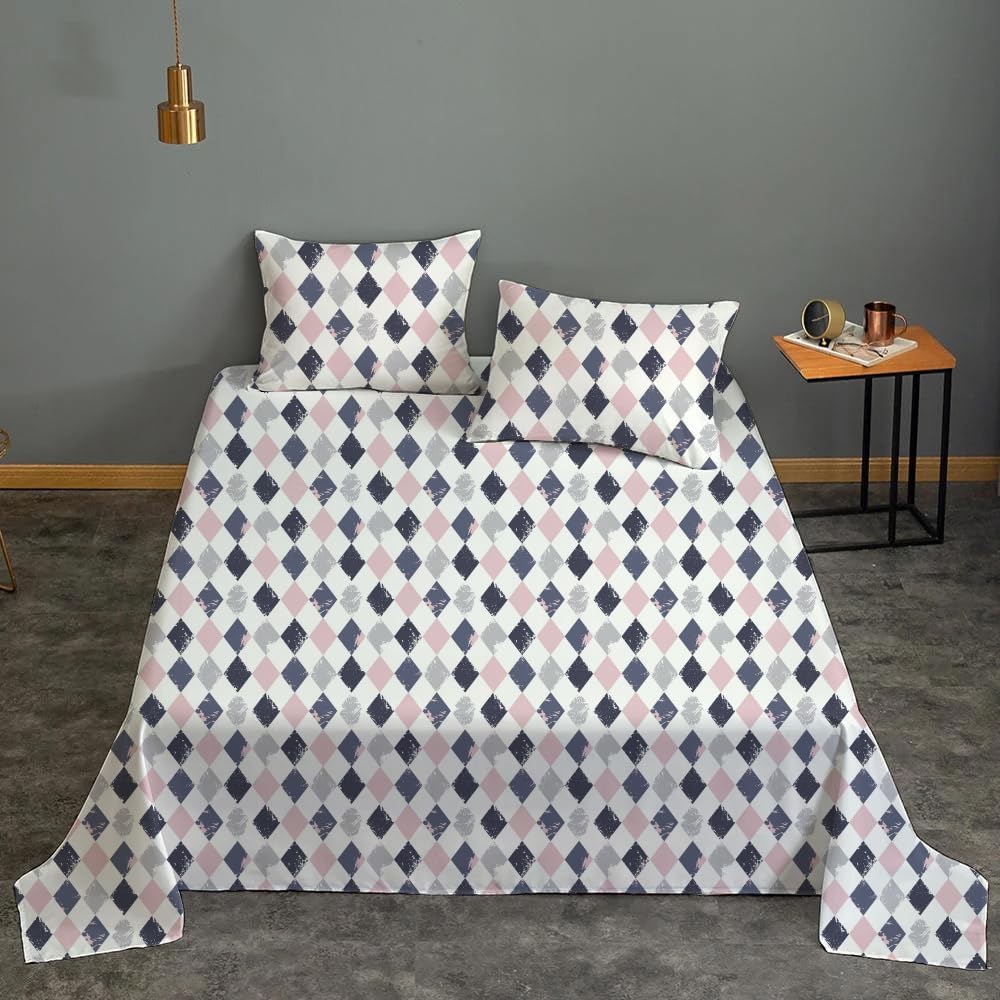 Sleep Well 90 GSM Bedsheet with Pillow Case (Blue & Pink Diamond Design, Single)