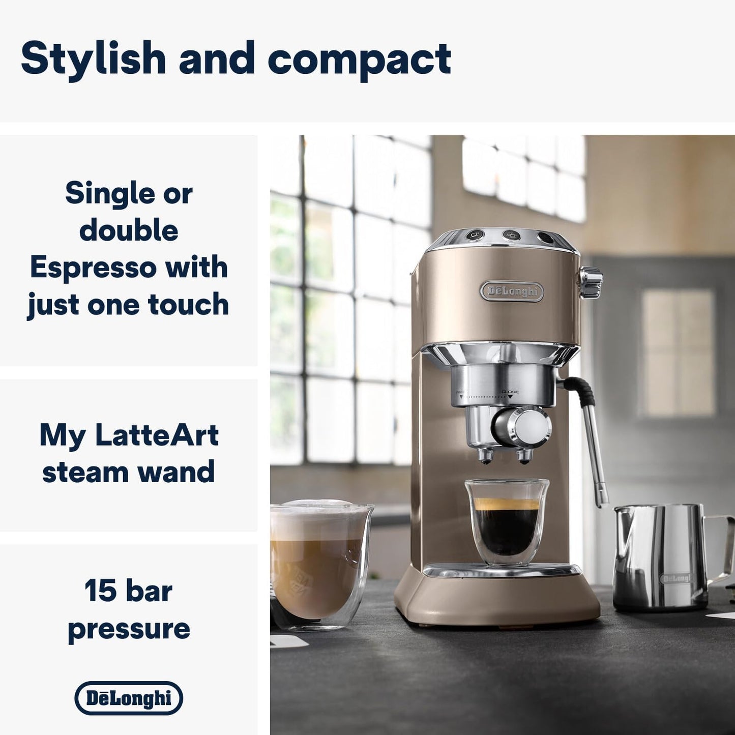 De'Longhi Dedica Arte Espresso Machine - MyLatteArt Milk Foam Nozzle, 15 BAR Pressure, Steel Tamper Included, Beige Gold - Create Perfect Espresso, Cappuccinos, and Latte Art at Home - EC885.BG