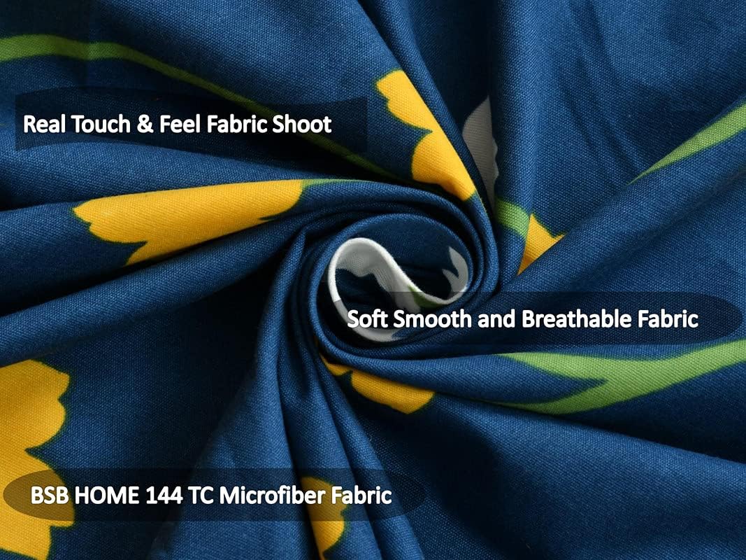 BSB HOME Premium Single Bedsheet with 1 Pillow Covers - 160 TC Supersoft Microfiber - Breathable & Wrinkle Free - 2 Pcs Set | Dark Blue and Yellow Leaf