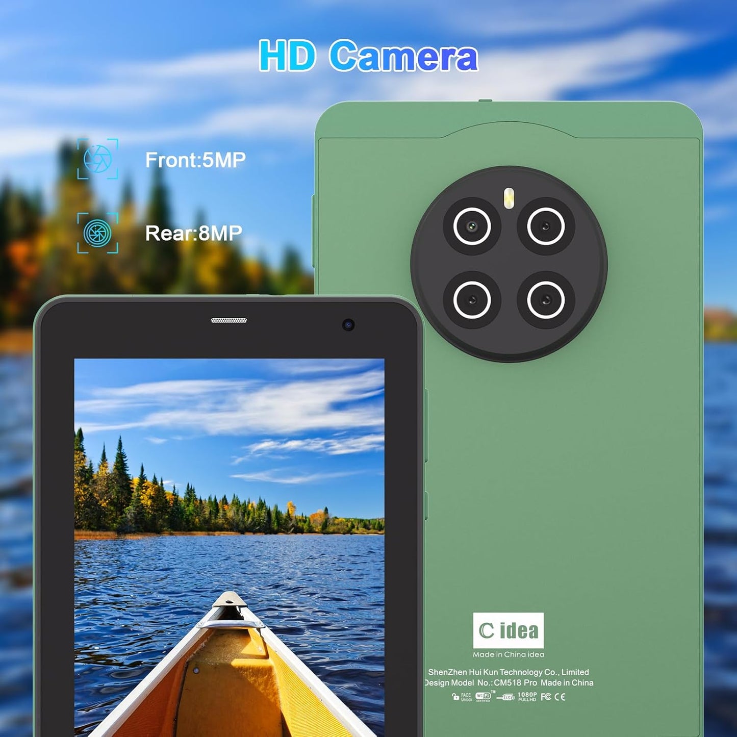 C idea 7 Inch Tablet,Android 13 Tablet,Quad Core Processor,8GB RAM 512GB ROM,512GB Expand,Dual Camera,Tablet with SIM, WiFi,Bluetooth,Case,StylusCM518 Pro (Green)