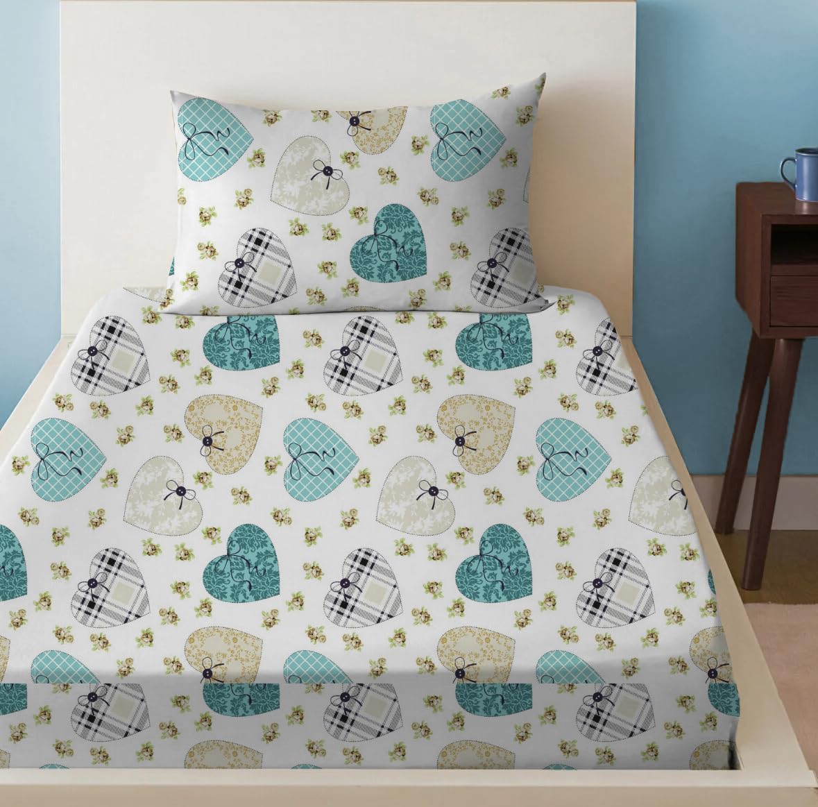 Sleep Well 90 GSM Bedsheet with Pillow Case (Blue & Pink Diamond Design, Single)