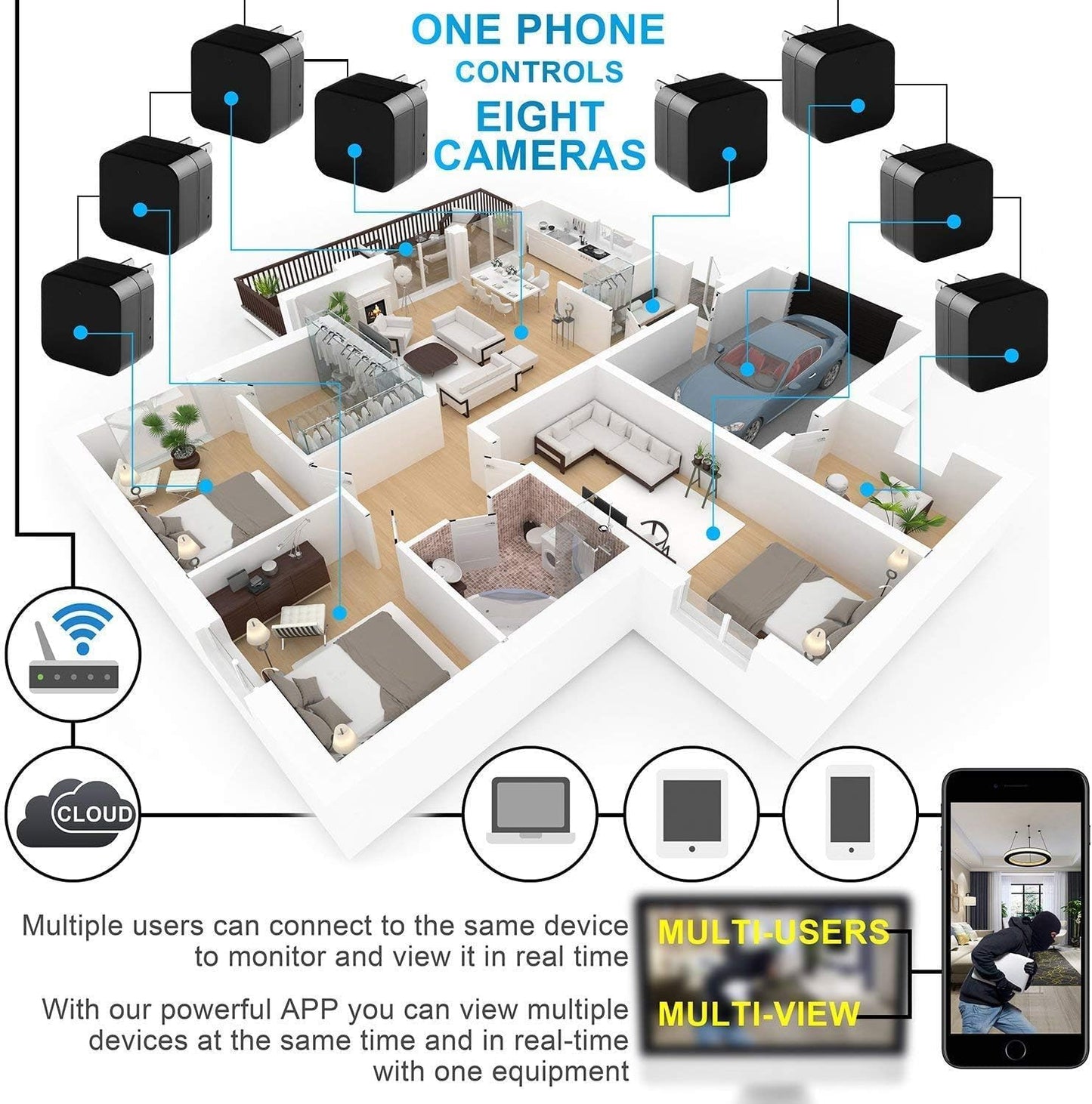 Security 1080P WiFi Camera with USB Charger with Night Vision Indoor Home Security Camera Wireless Baby Moniton Surveillance Security Cam Motion Detection with App