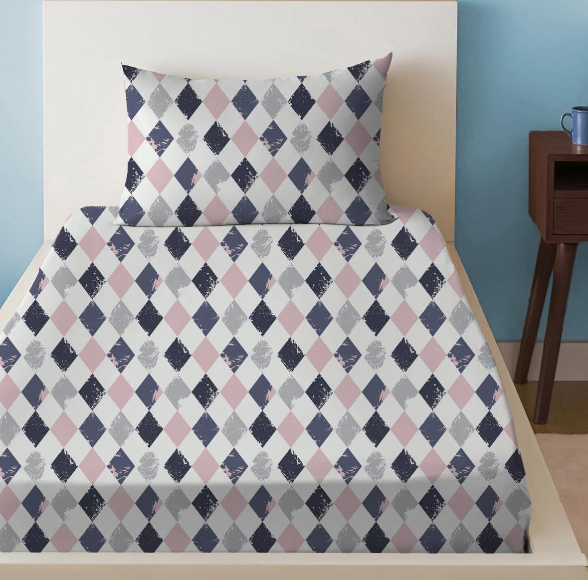 Sleep Well 90 GSM Bedsheet with Pillow Case (Blue & Pink Diamond Design, Single)