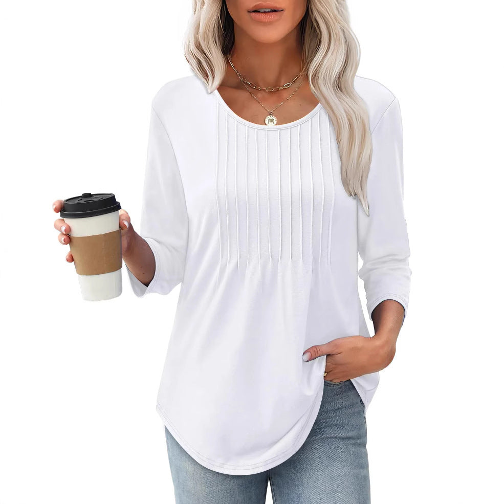 Women's Long Sleeve Top Fashion Casual Pleated Low Round Neck - souqmart