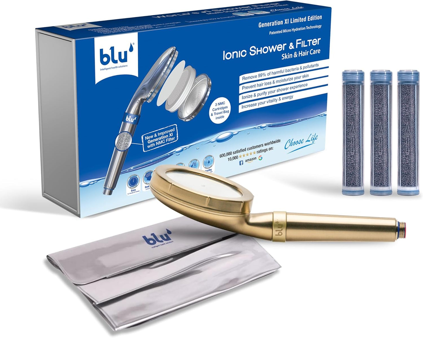 blu Ionic Shower Head and Shower Filter - Handheld - Removes Chlorine & Harmful Pollutants - Prevent Hair Loss & Moisturize Your Skin, Chrome